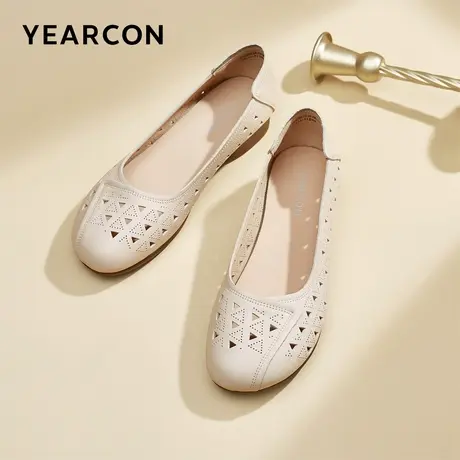 意尔康女鞋夏季真皮女士休闲单鞋镂空中老年妈妈鞋粗跟皮凉鞋舒适商品大图