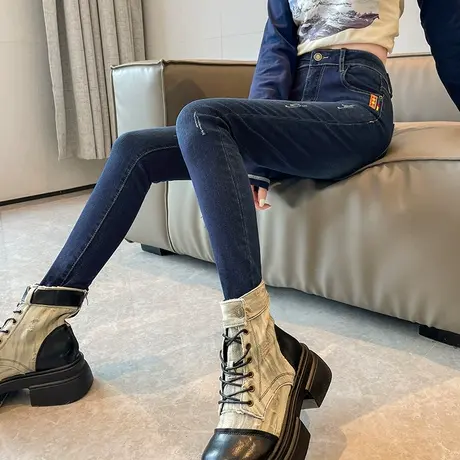 紧身小脚牛仔裤女春秋2024新款高腰显瘦修身高弹提臀深蓝色铅笔裤商品大图