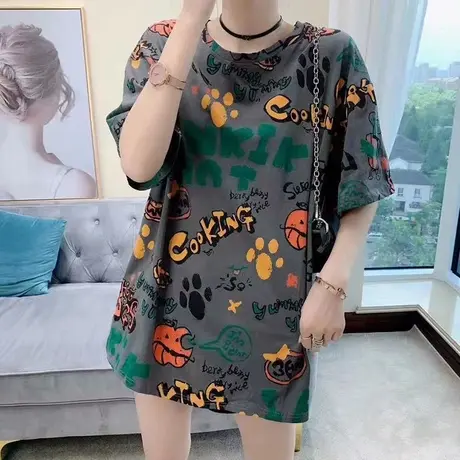 洋气涂鸦字母印花短袖t恤女装2022夏季韩版宽松欧货百搭半袖上衣商品大图