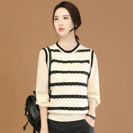 韩潮袭人圆领条纹套头长袖针织衫女2023秋季新款宽松休闲毛衣上衣商品大图