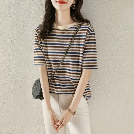 圆领短袖t恤女2023年夏装新款小众洋气减龄韩版宽松条纹上衣夏季图片