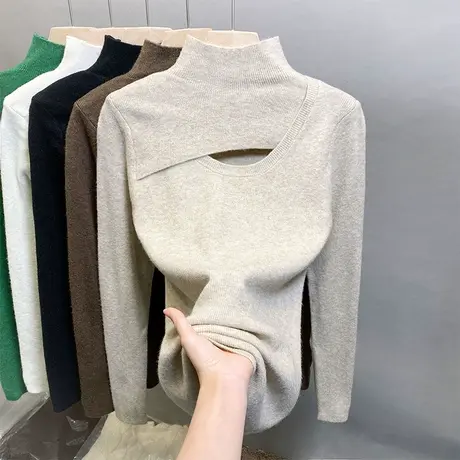 欧货秋冬洋气镂空上衣设计感小心机半高领毛衣针织衫内搭打底衫女图片