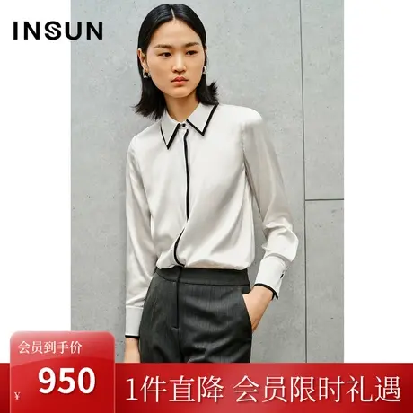 恩裳2023秋季新款弹力双乔简洁双层撞色领上衣桑蚕丝衬衫图片