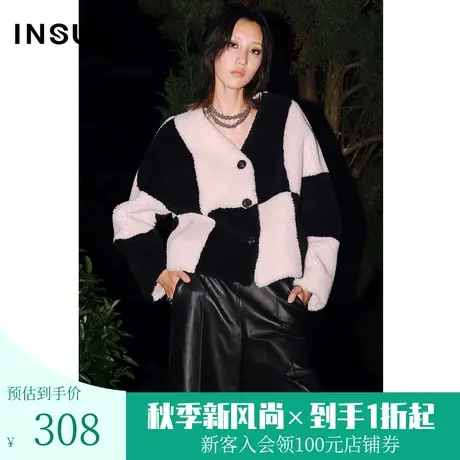 恩裳COVER新款2022冬季时尚棋盘格经典黑白撞色绒感羊毛短外套女图片