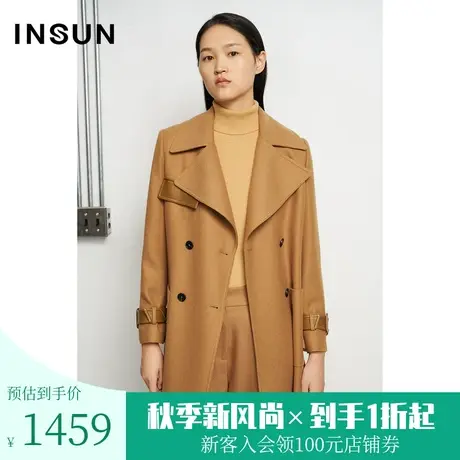 恩裳商场同款冬季绵羊毛皮革元素点缀简约大翻领毛呢外套商品大图