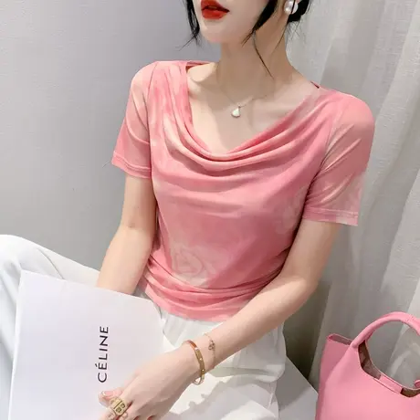 一字肩荡领短袖T恤女2023夏装新款性感气质上衣拼色印花网纱小衫商品大图