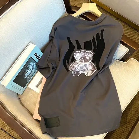 美式小熊印花短袖t恤女2023年夏季新款复古中长款体恤纯棉上衣潮商品大图