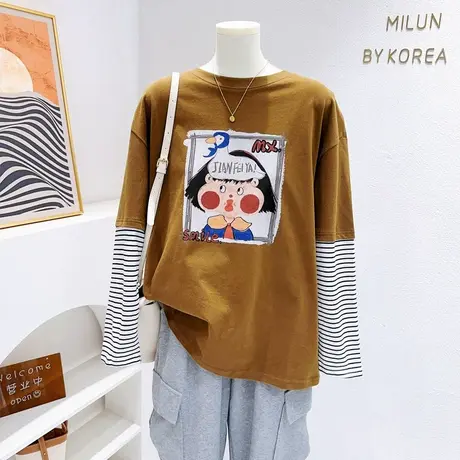 韩代款小众设计感上衣ins原宿港风搞怪假两件长袖T恤秋季日系文艺商品大图