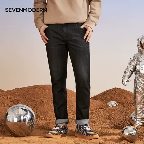 【清仓商场同款】柒牌潮牌SVNMDN牛仔长裤男2021新款字母刺绣裤子图片