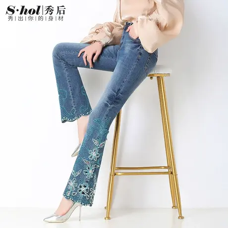 设计师高定款镂空钉珍珠刺绣花牛仔裤女高腰显瘦品牌微喇叭裤长裤商品大图
