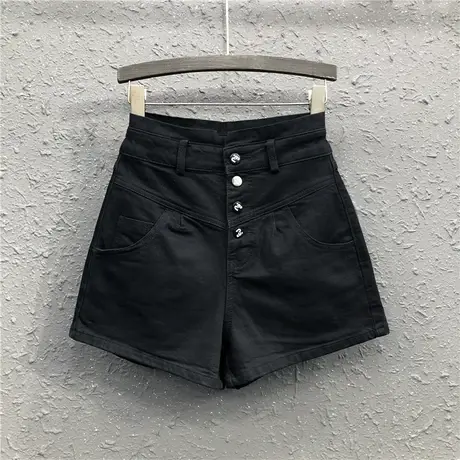 春夏新款简约个性超高腰显高显瘦黑色排扣A字牛仔短裤阔腿裤女潮图片