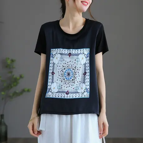 dza文艺复古薄款白色短袖t恤女士夏季新款减龄上衣百搭打底衫体恤商品大图