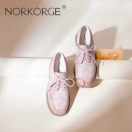 原创新款布洛克小皮鞋英伦甜美粉色减龄单鞋女真皮JK配裙子乐福鞋图片