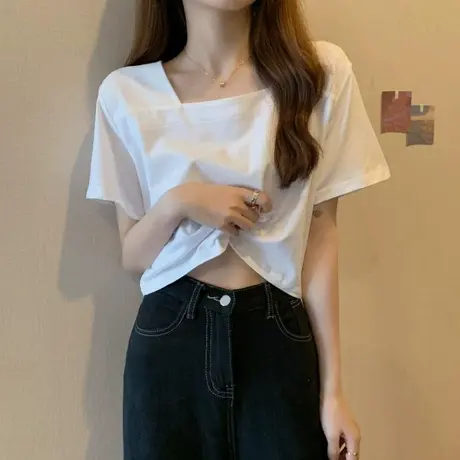 短袖白色t恤女2023新款港风设计感辣妹宽松打底短款方领上衣夏装商品大图