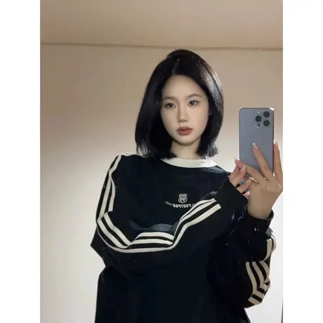 三条杠长袖t恤女秋季2023新款美式复古宽松卫衣圆领上衣小个子ins商品大图