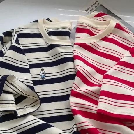 大码小熊刺绣条纹t恤女ins潮韩系chic宽松短袖纯棉休闲复古上衣夏商品大图