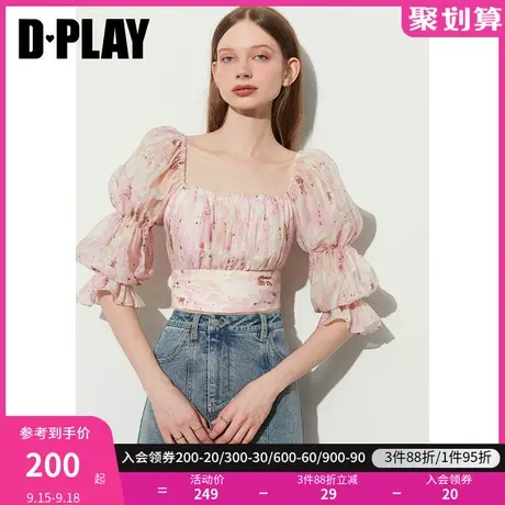 DPLAY2023氛围感度假风初恋晕染粉方领后背蝴蝶结葫芦袖印花上衣商品大图