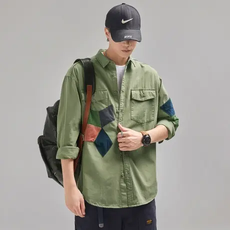 Modi Nick/摩帝尼克复古纯棉男士衬衫拼色设计水洗工艺长袖男外套图片