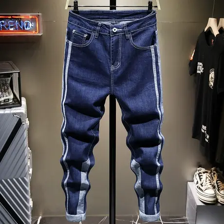 夏季薄款青少年牛仔裤男修身小脚拼接男士休闲百搭长裤子男学生潮商品大图