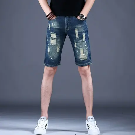 2023春夏新款男士牛仔裤子简约修身复古蓝色破洞高街中裤棉弹潮牌图片