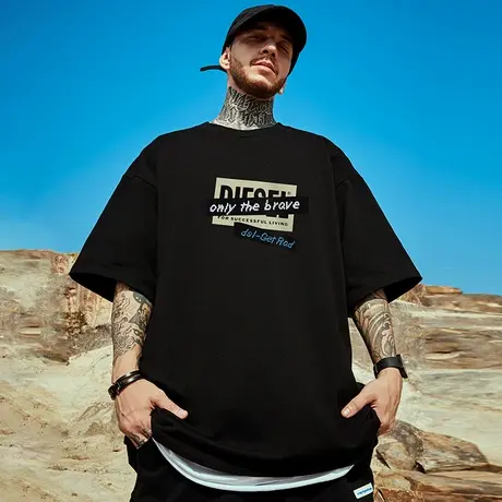 欧美嘻哈字母短袖t恤男街头潮牌慵懒风胖子百搭重磅纯棉大码半袖商品大图