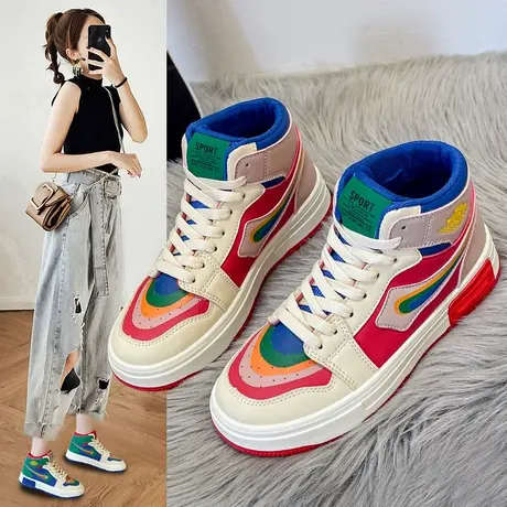 2023新款网红爆款勾勾鞋高帮鞋女ins潮百搭时尚彩色涂鸦休闲板鞋图片