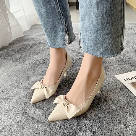 高跟单鞋女2023秋季新款甜美蝴蝶结尖头浅口细跟时尚气质显瘦配裙图片