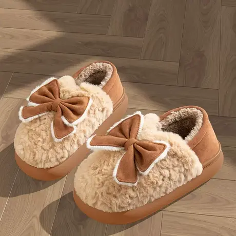 蝴蝶结毛绒棉拖鞋女包跟冬季2023新款居家用室内保暖厚底棉鞋女冬商品大图