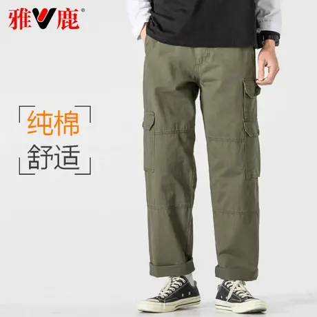 雅鹿纯棉军绿色工装裤男款透气直筒休闲2023新款男士痞帅大码长裤商品大图