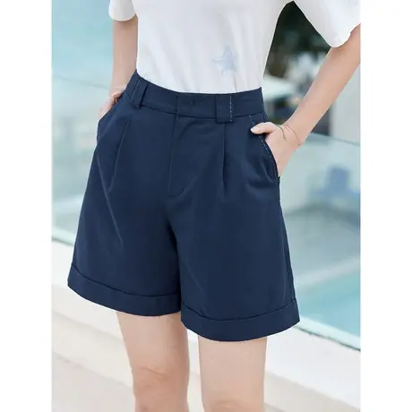 茵曼文艺清新短裤2023夏女装新款中高腰松紧腰打褶翻边A摆阔腿裤图片