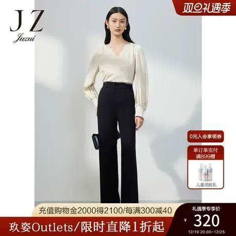JZ玖姿直筒开衩休闲裤子女装2023春季新款小众棋牌格子裤黑色商品大图