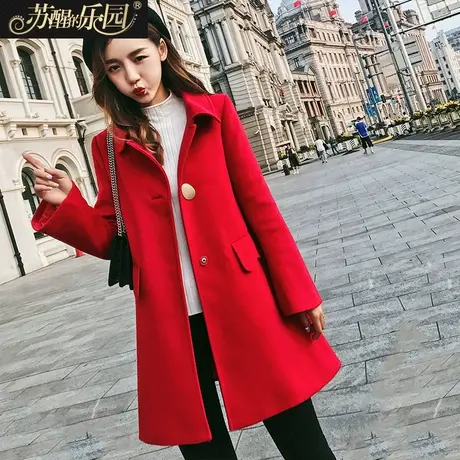 毛呢大衣中长款新款呢子韩版百搭修身显瘦秋冬款红色外套女装图片