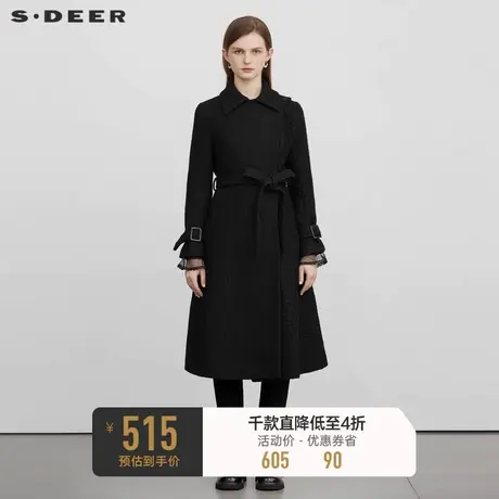 sdeer圣迪奥2022年冬装新款女装翻领收腰拼接毛呢大衣S224Z2542📞图片