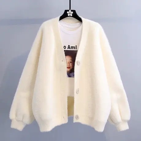 仿水貂绒小香风毛衣外套女2023新款韩版宽松外穿加厚减龄针织开衫图片