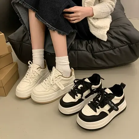 爆款小白鞋女2023秋冬新款网红百搭加绒运动休闲厚底黑白熊猫板鞋图片