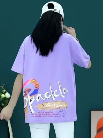 2023夏季新款时尚洋气宽松显瘦遮肉印花圆领大版短袖T恤上衣女潮图片