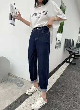 深蓝高腰牛仔裤女2023春夏新款直筒弹力显瘦哈伦百搭九分萝卜裤潮商品大图