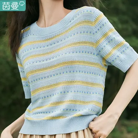 茵曼复古条纹短袖针织衫女士2023年夏季新款宽松圆领镂空薄款上衣图片