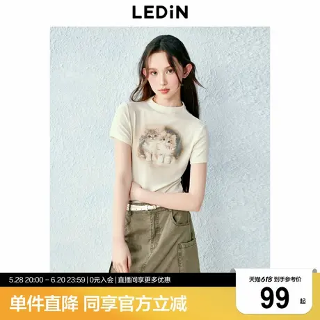 乐町甜美浪漫小立领猫咪图案印花正肩短袖夏季新款修身T恤商品大图