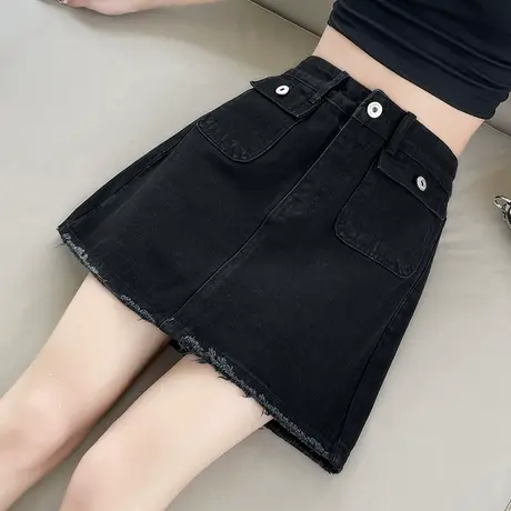 黑色复古毛边牛仔短裙女夏季薄款高腰防走光小个子a字包臀半身裙图片