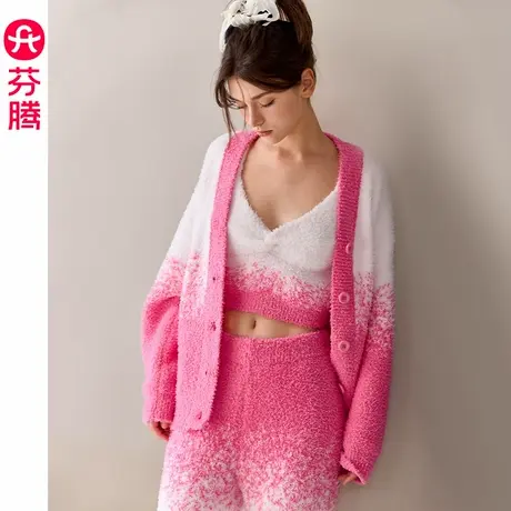 芬腾新款睡衣女秋冬季半边绒吊带背心三件套加厚保暖珊瑚绒家居服商品大图