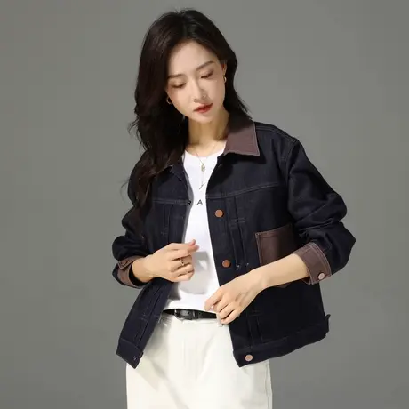 2025春秋新款女装复古撞色牛仔外套女高级感拼接翻领短款宽松上衣商品大图