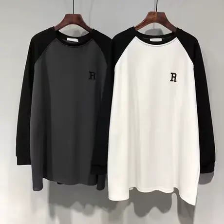 撞色插肩袖T恤女2023春秋新款宽松显瘦大码韩版纯棉上衣打底衫潮商品大图