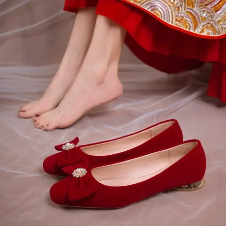 红色结婚鞋女平底中式秀禾服婚纱两穿新娘鞋2023年新款孕妇鞋婚鞋商品大图