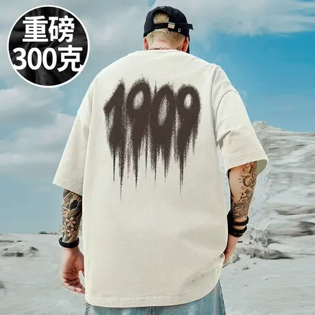 100%纯棉300g重磅美式潮牌宽松胖子T恤短袖五分袖加肥加大码男装商品大图