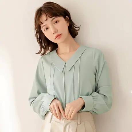 桔熊春秋季通勤气质翻领衬衫不易皱纯色长袖上衣女大码AB17909商品大图