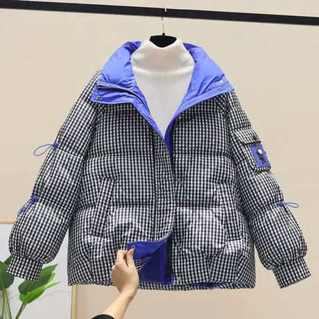 棋盘格子短款羽绒棉服女冬长袖卡通贴标宽松加厚面包服棉衣外套潮商品大图