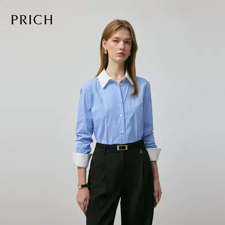 【超能小太阳】PRICH时尚复古撞色蓝白条纹长袖衬衫2025早秋新款图片