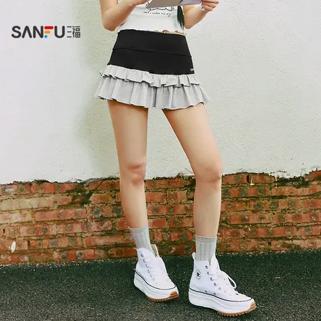 三福女夏季翻折腰裙裤 甜美纯欲少女风时尚防走光短裙504243商品大图
