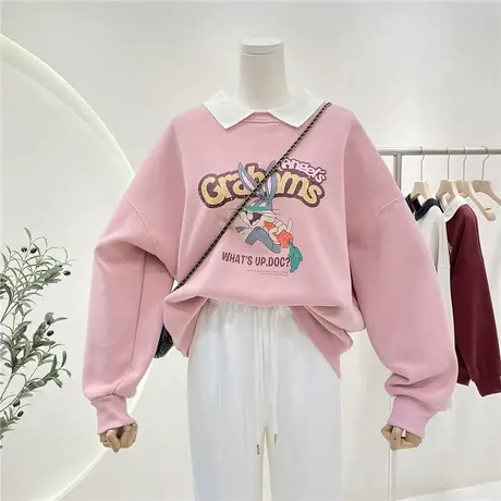 兔子印花polo领宽松加绒套头卫衣女2022年秋冬新款小众设计感上衣商品大图